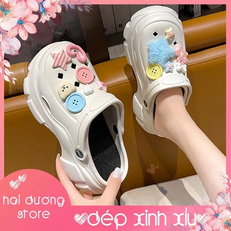 Dép nữ, Dép Cross đế cao 5cm, Dép Crocs nữ, Sticker Gấu ngôi sao cúc áo