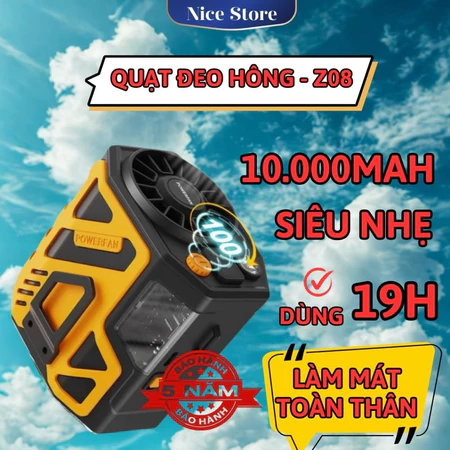 Quạt Đeo Thắt Lưng Tích Điện Gió Siêu Mát, Pin 10.000mAh Thời Gian Dùng 20h Có Cổng Sạc Điện Thoại