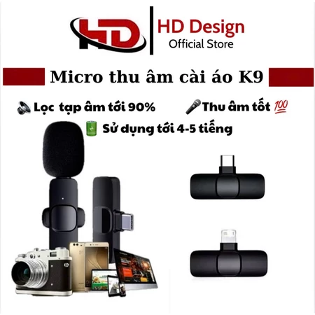 Micro thu âm không dây cài áo K9, - Khử Tiếng Ồn Cao Cấp - Khoảng Cách 20m - Chính Hãng HD DESIGN