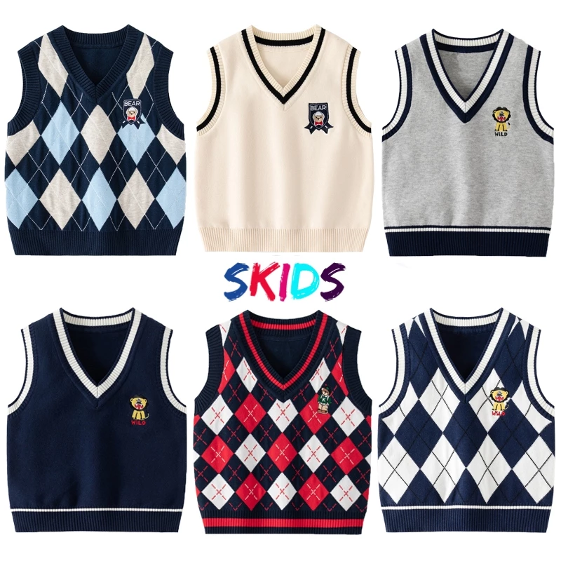 Áo len gile bé trai SKIDS áo len ba lỗ sát nách cho trẻ em 2 đến 8 tuổi thu đông họa tiết đáng yêu