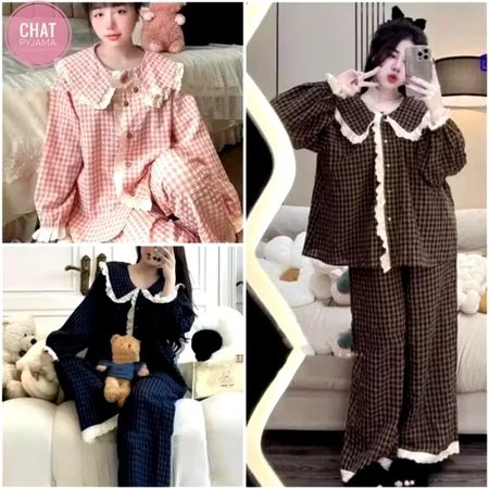 SÉT BỘ PYJAMA DÀI KẺ BÈO CÚC REN XINH SIU HÓT CHAT3652