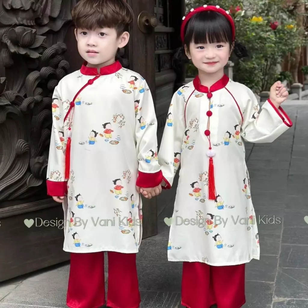 (Tặng Ngọc Bội) Sét Áo Dài Phối Quần Xuông Lụa, Áo Dài Đôi Bé Trai Bé Gái Mẫu Mới 2025, Áo Dài May Mắn- Vani Kids