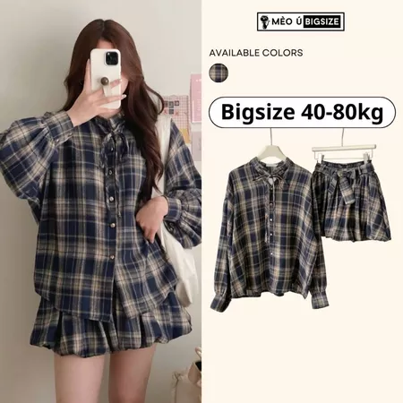 Set nữ BIGSIZE set áo sơ mi kẻ caro cổ tàu tay bồng phối dây buộc nơ mix chân váy xoè bí phồng 1303